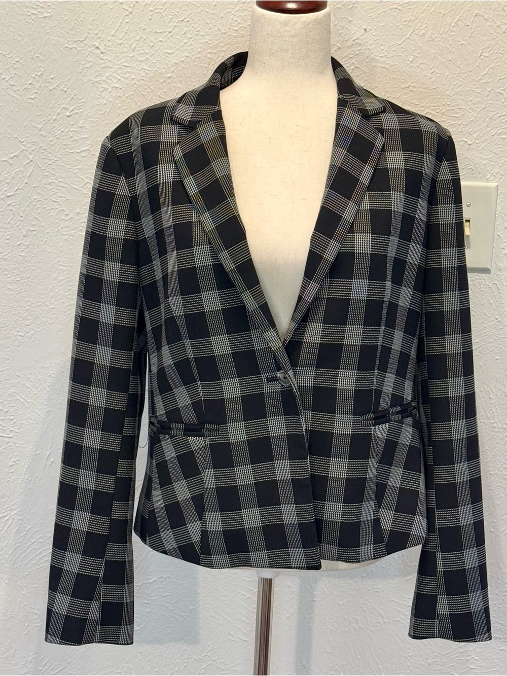 Ellen Tracy Black & Gray Plaid Single-Button Blazer Size 12